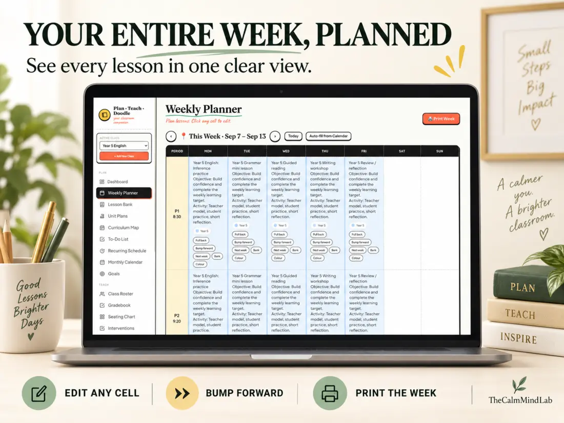 Interactive Teacher Planner weekly planning view